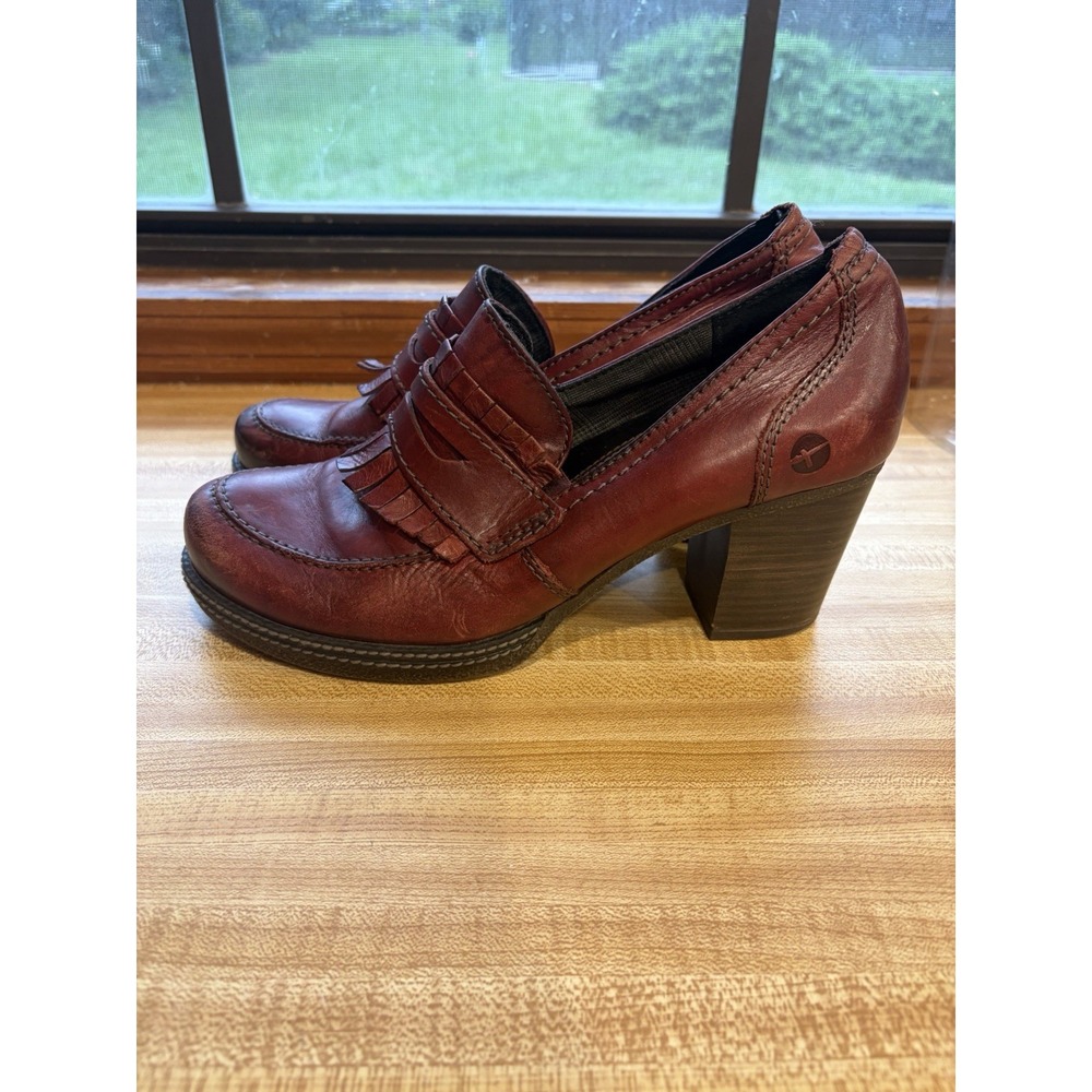 Tamaris Womens 38 Burgundy Leather Kiltie Penny Loafer Pumps Block Heel - Picture 2 of 12